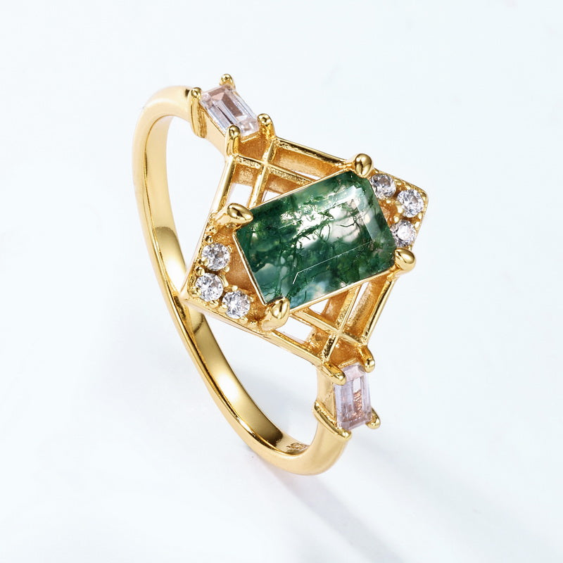 The Secret Garden Moss Agate Ring Set - Gold Plated