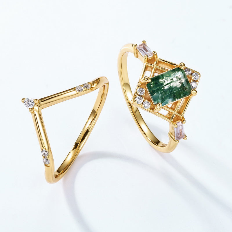 The Secret Garden Moss Agate Ring Set - Gold Plated