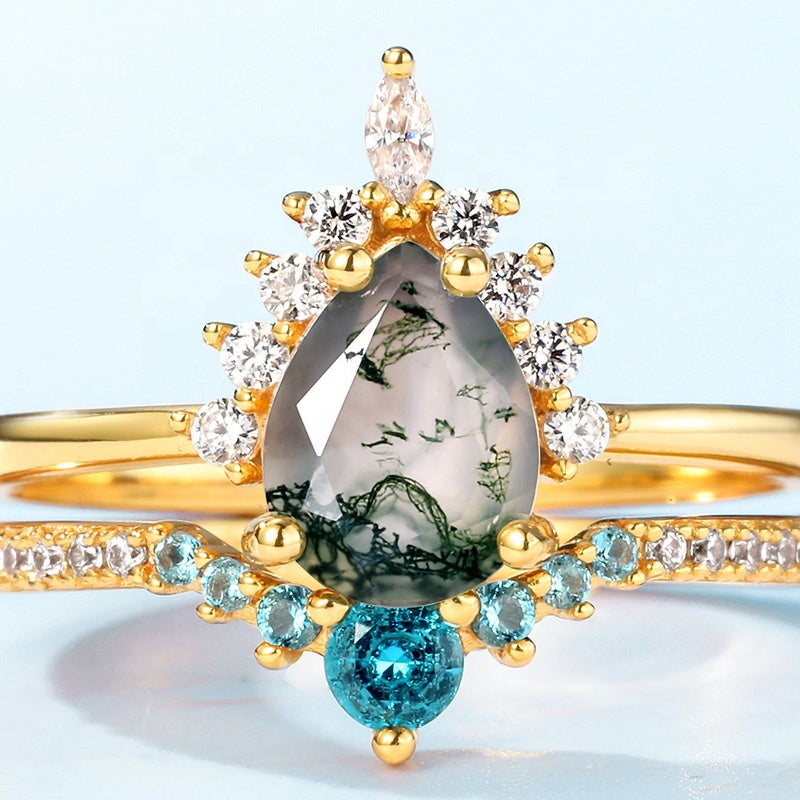 Enchanted Grove Moss Agate Ring Set - Gold Plated